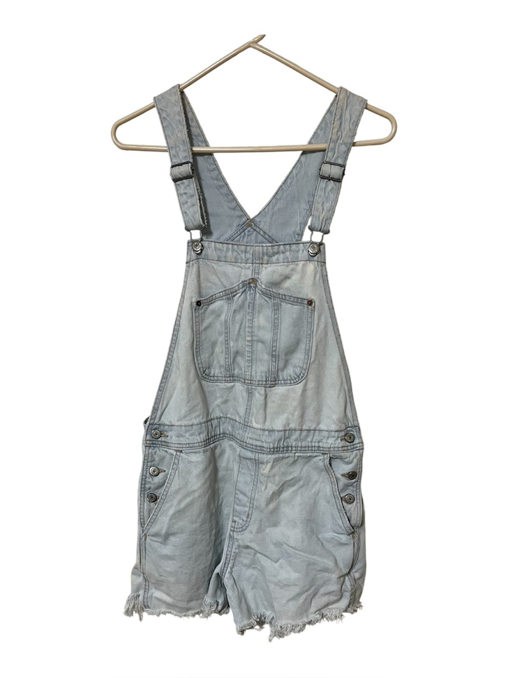 Old Navy Women Shorts L Blue Whitewash Denim Overalls Raw Hem 4" Inseam